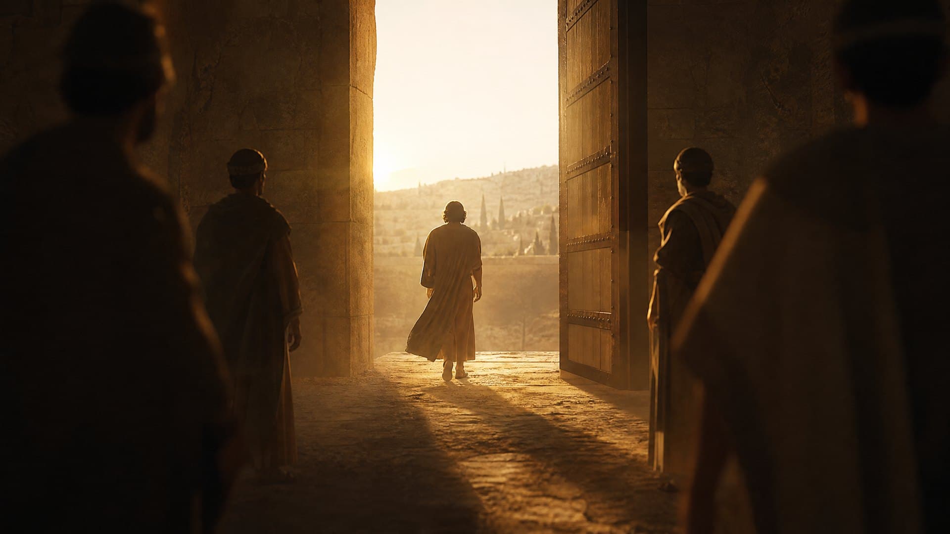 Figures pass through an ancient doorway into warm daylight, a cinematic reconstruction