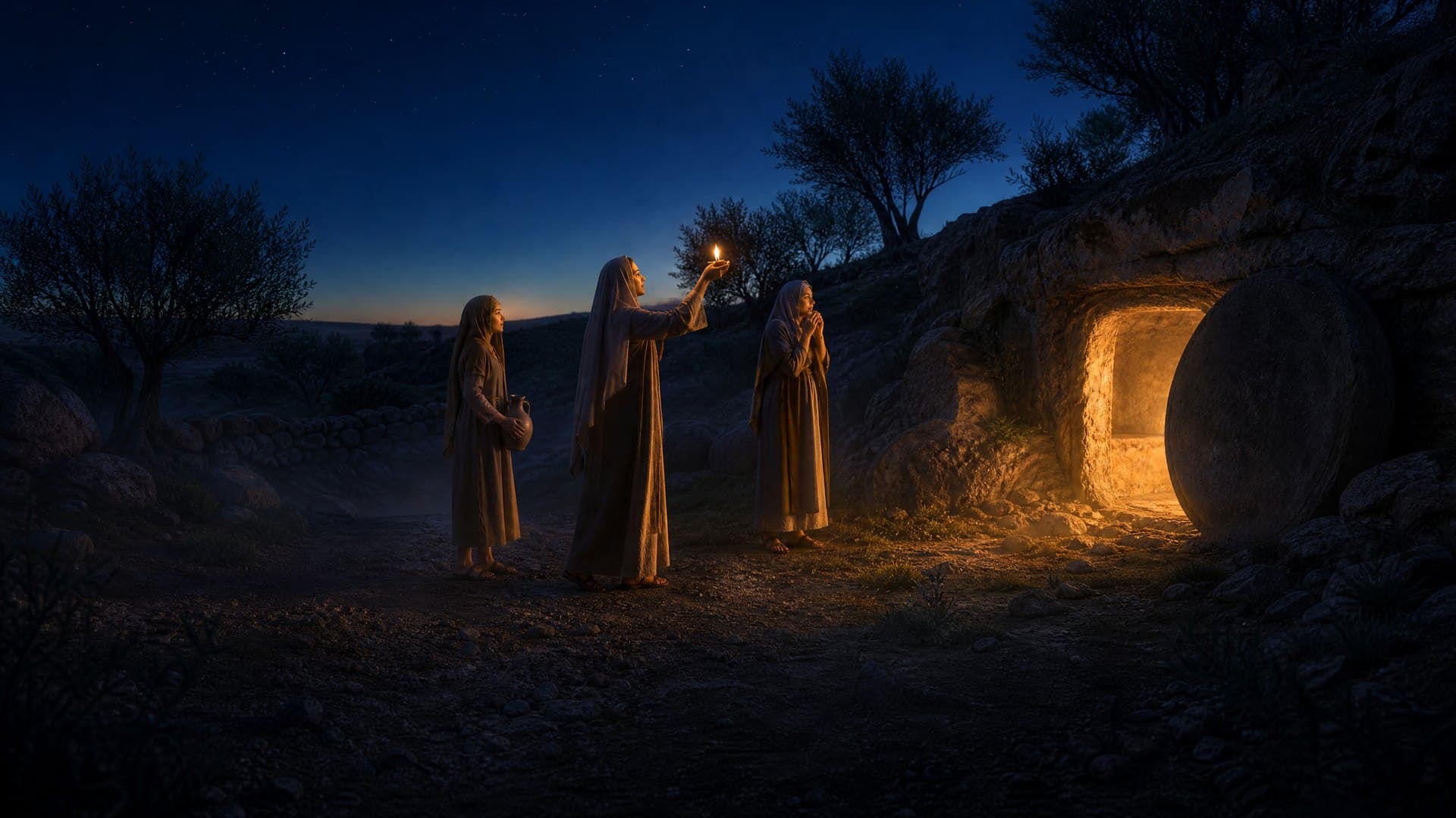 Women approach an open stone tomb at dawn in a cinematic reconstruction