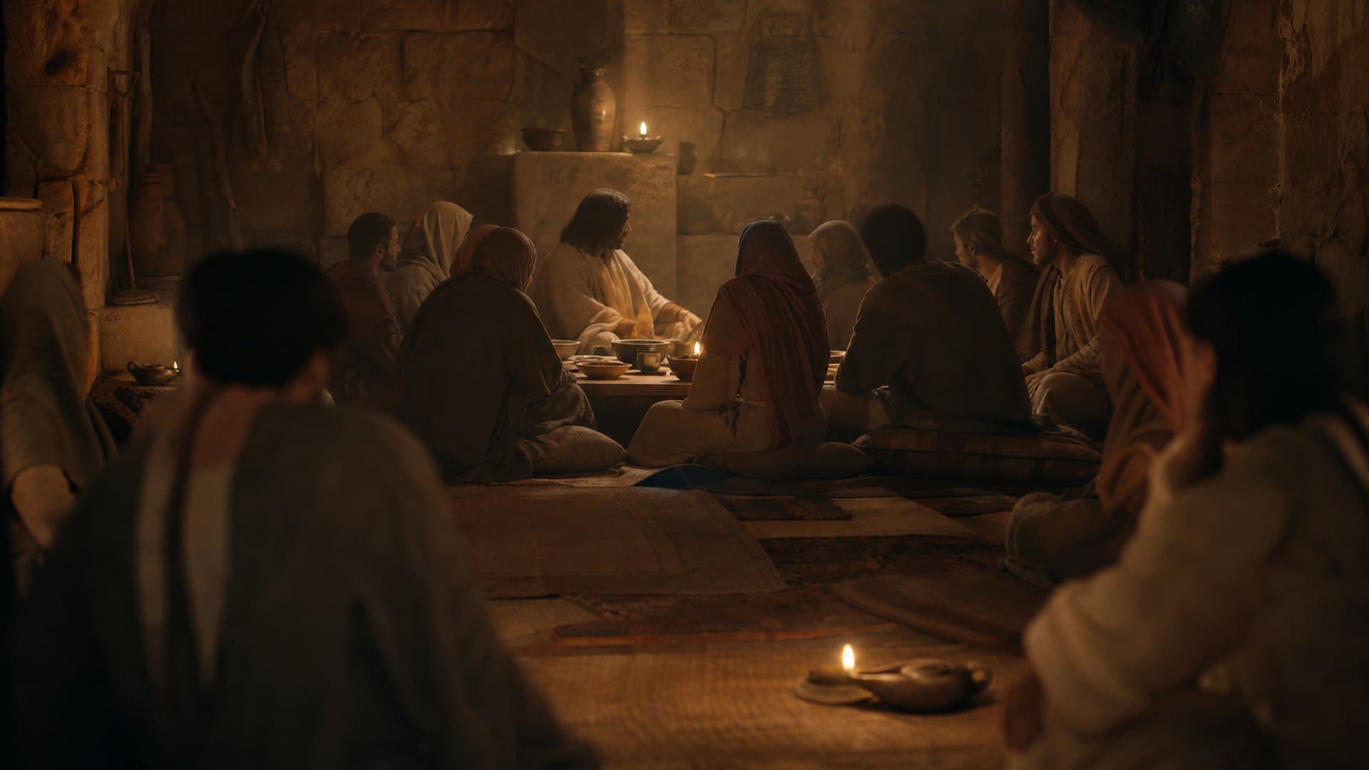 A cinematic reconstruction of early believers sharing a meal by lamplight