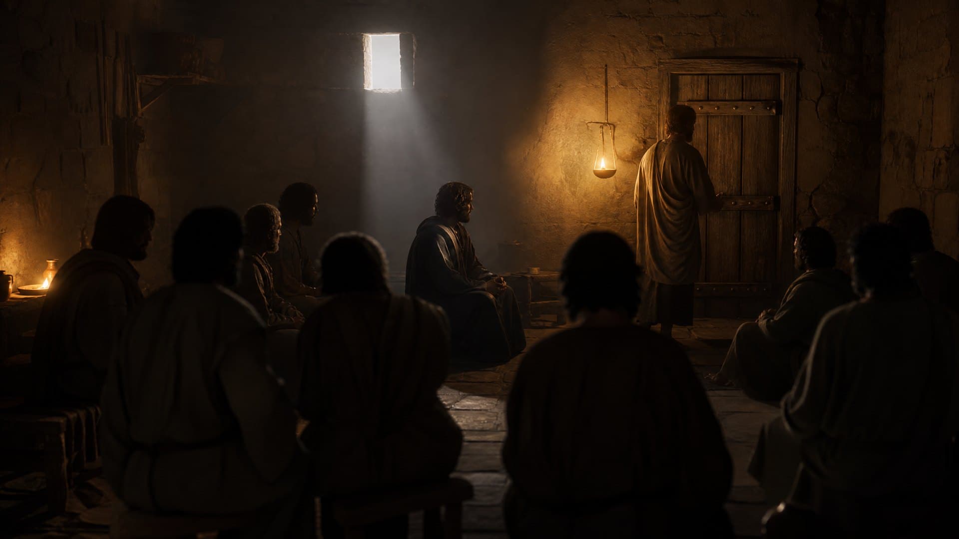 Cinematic reconstruction of Jesus’ followers gathered by lamplight behind a closed wooden door