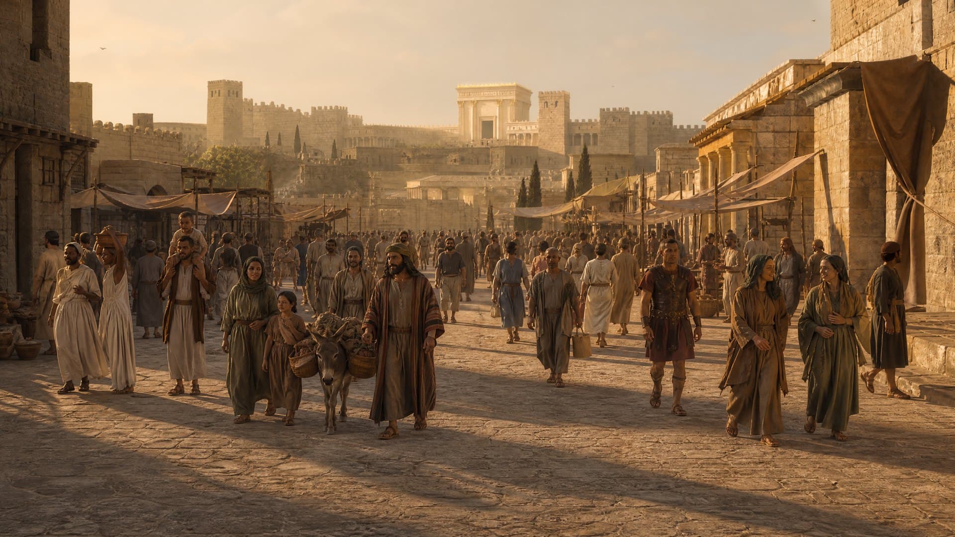 A busy Jerusalem street, reconstructed for the Pentecost chapter