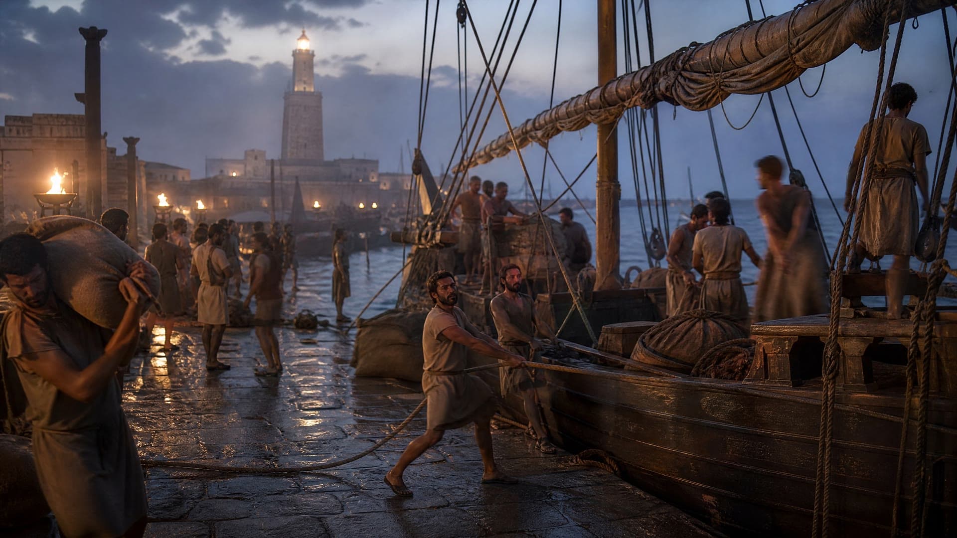 Sailors unload a ship in an ancient harbor at dusk, with a tall lighthouse on the skyline, a cinematic reconstruction