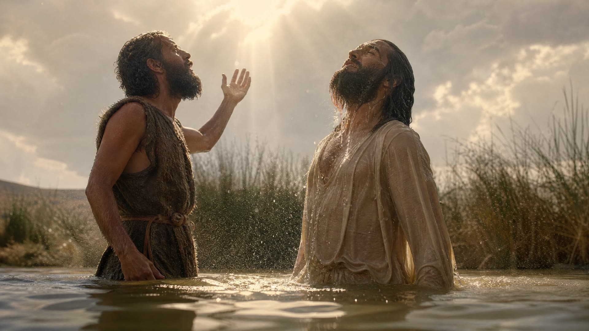 Cinematic reconstruction of Jesus and John the Baptist standing in the Jordan River, looking up as light breaks through the clouds