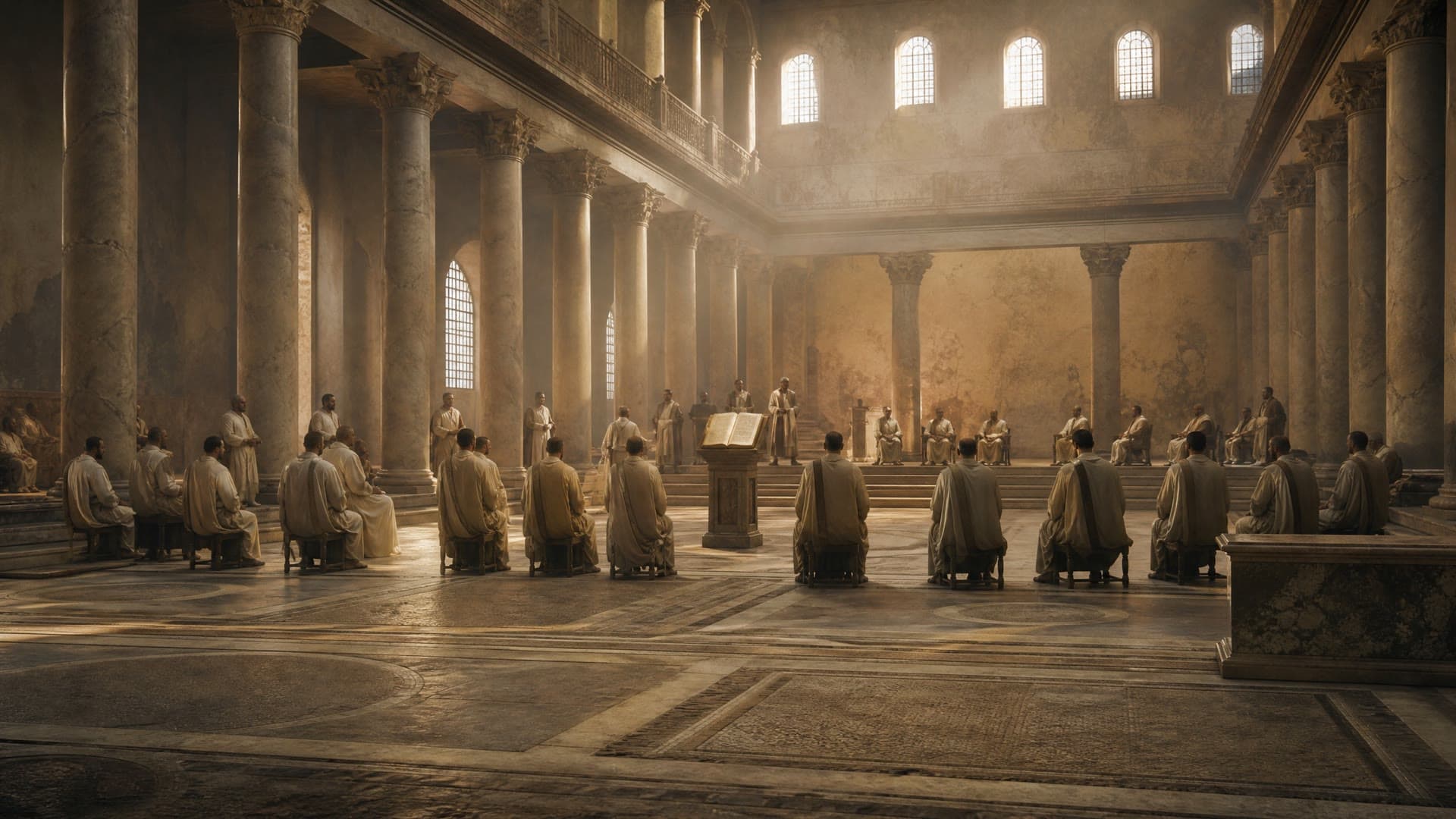 A cinematic reconstruction of bishops seated in rows in a vast columned hall