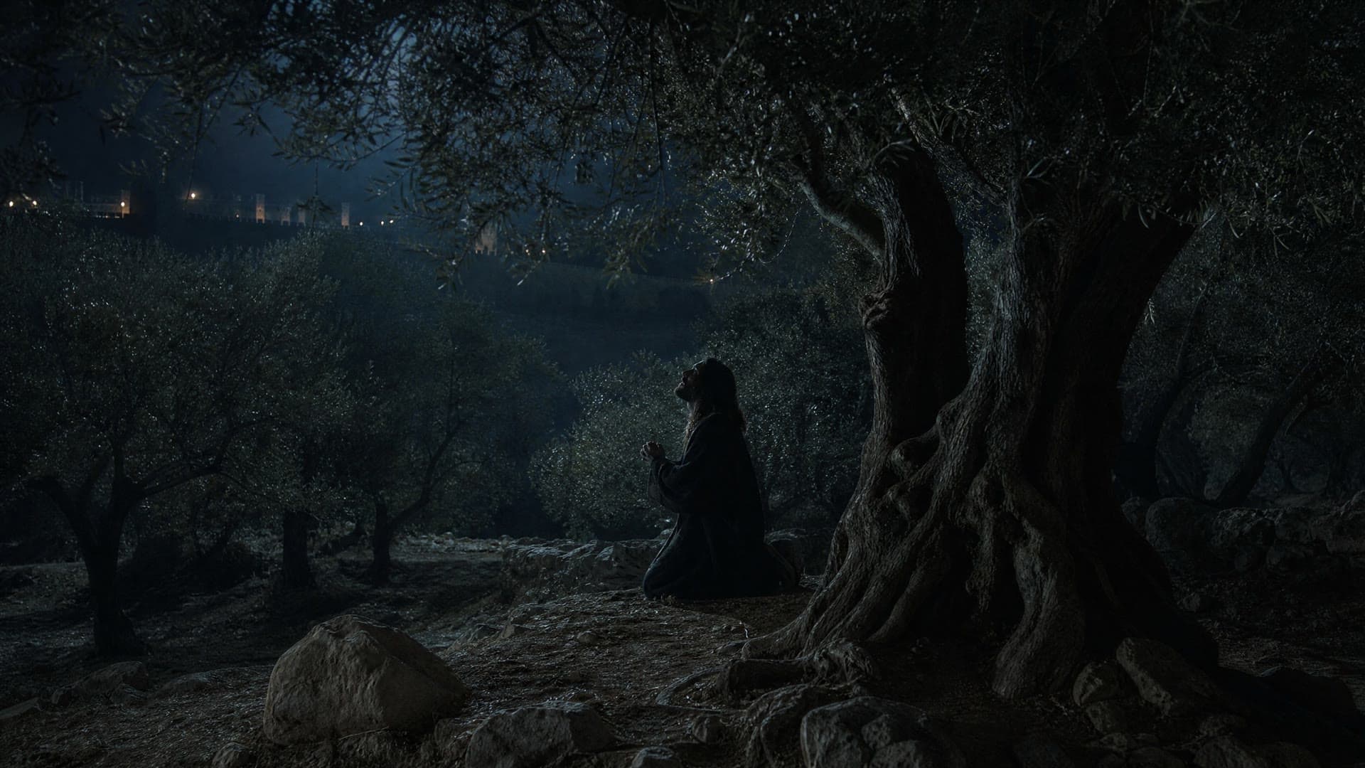 A lone figure kneels in prayer among ancient olive trees at night, a cinematic reconstruction