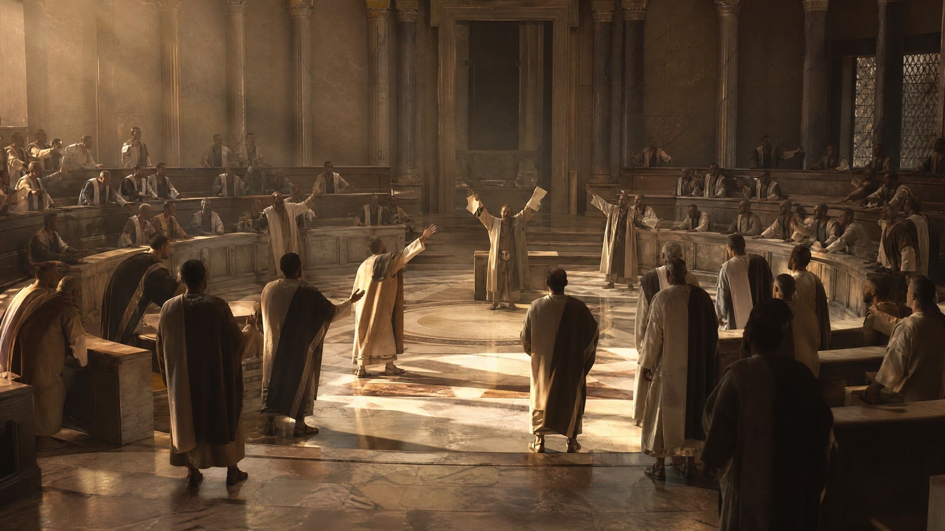 Bishops in pale robes argue across a great marble hall, some standing with raised arms, a cinematic reconstruction