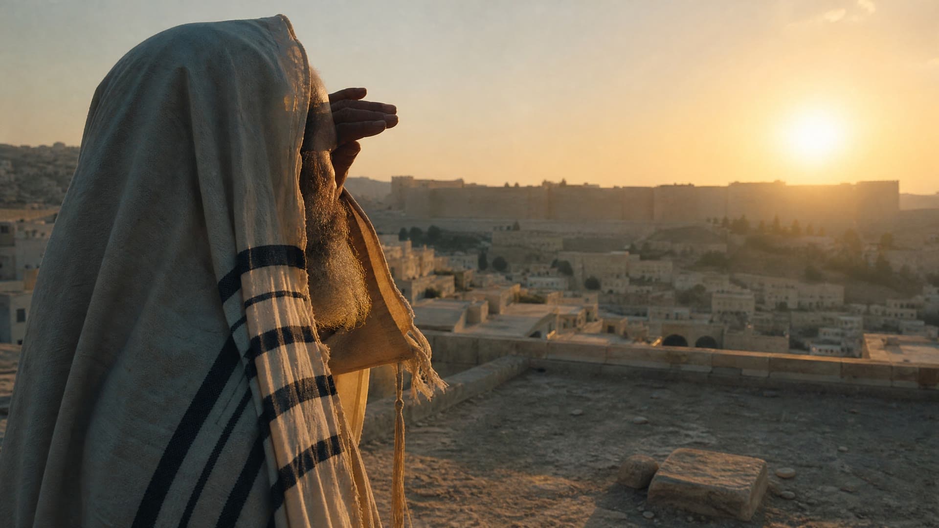 A man wrapped in a striped prayer shawl prays on a rooftop above an ancient city at sunrise, a cinematic reconstruction