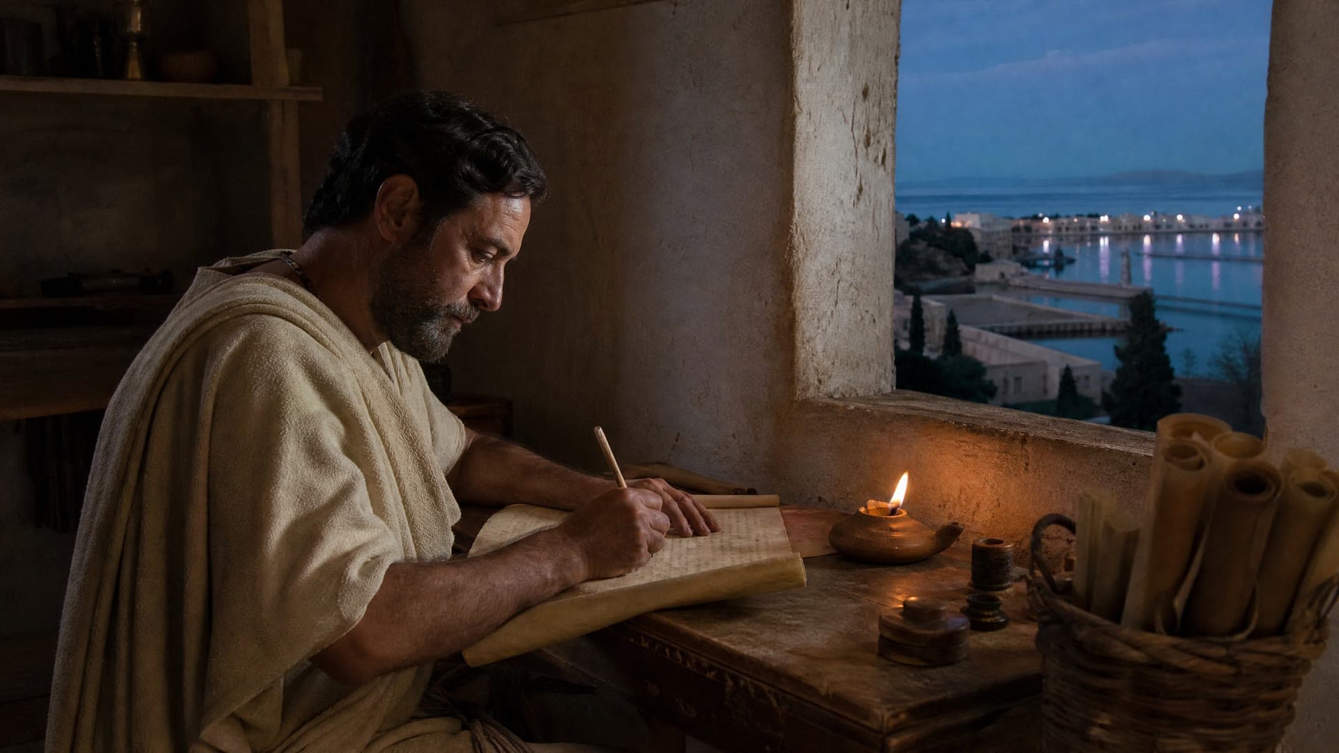 A writer in a pale cloak works by lamplight at a desk beside a window overlooking a harbor, a cinematic reconstruction
